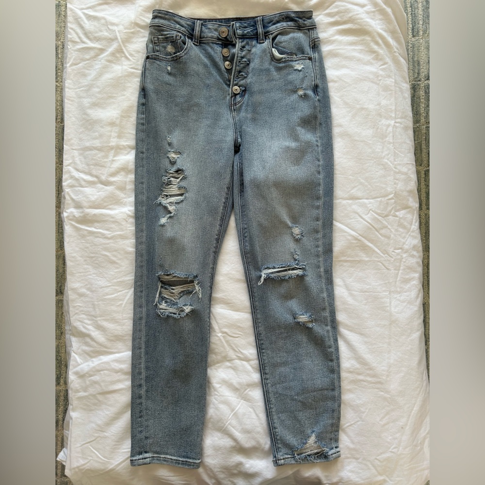 American eagle mom straight jeans distressed ripped blue denim 0 short stretch